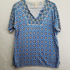 Chicos Womens Knit Top Size M Short Sleeve Shirt Multicolor Geometric Pattern‎